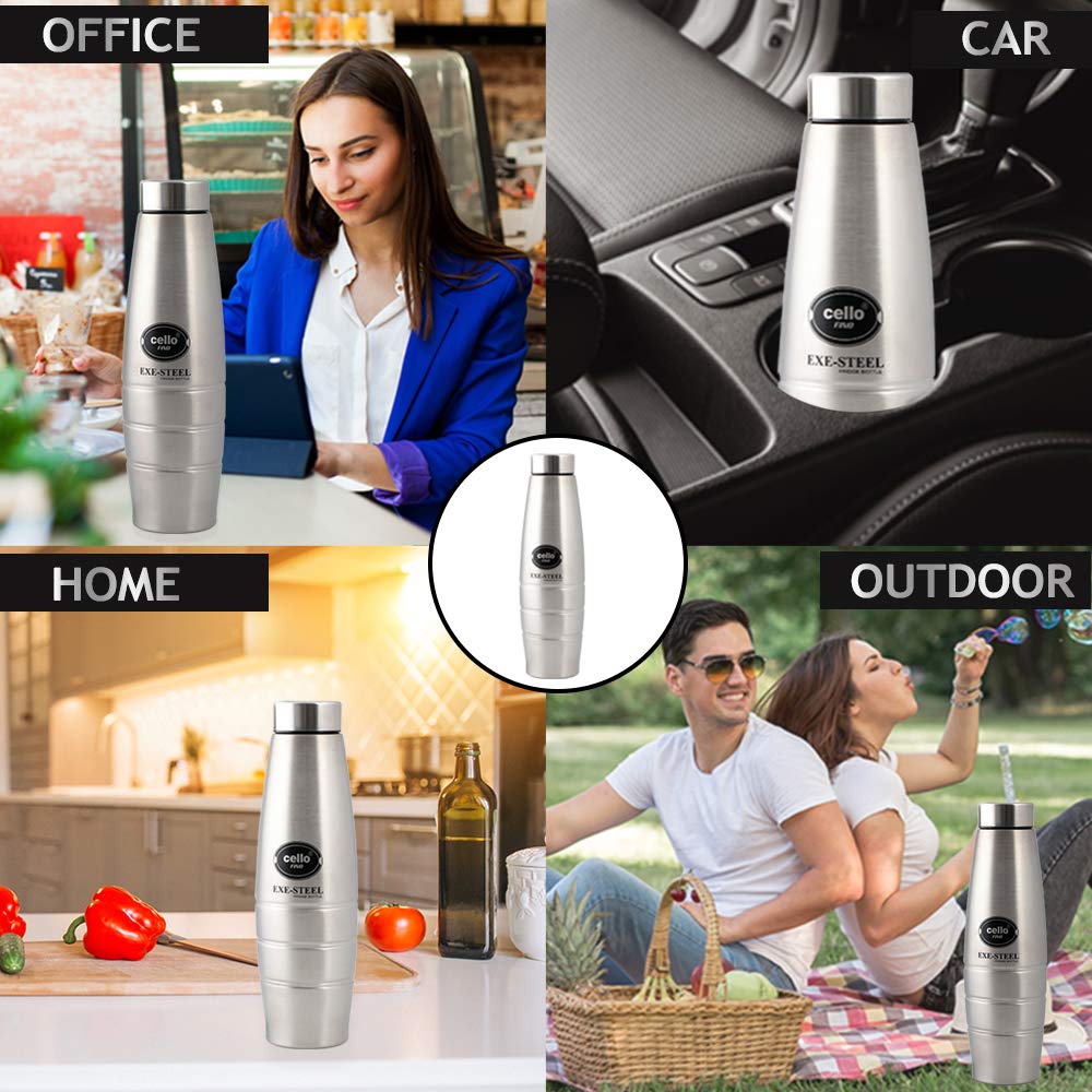 CELLO Fino Stainless Steel Bottle | Lid is Sealed by a Silicone Ring | Best Usage: Office/School/College/Gym/Picnic/Home/Fridge | 1000ml, Silver