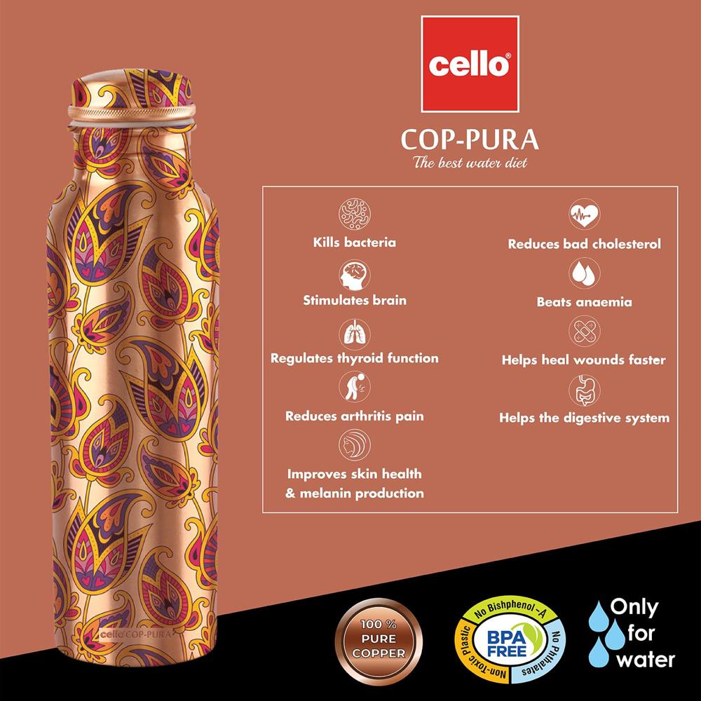 Cello Cop-Pura Diva Ornate Copper Water Bottle, 1000ml, 1pc, Copper