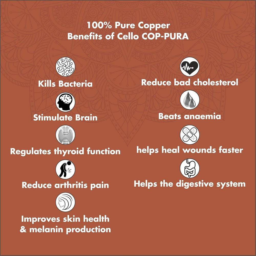 Cello Cop-Pura Vintage Floral Copper Water Bottle, 1000ml, 1pc, Copper