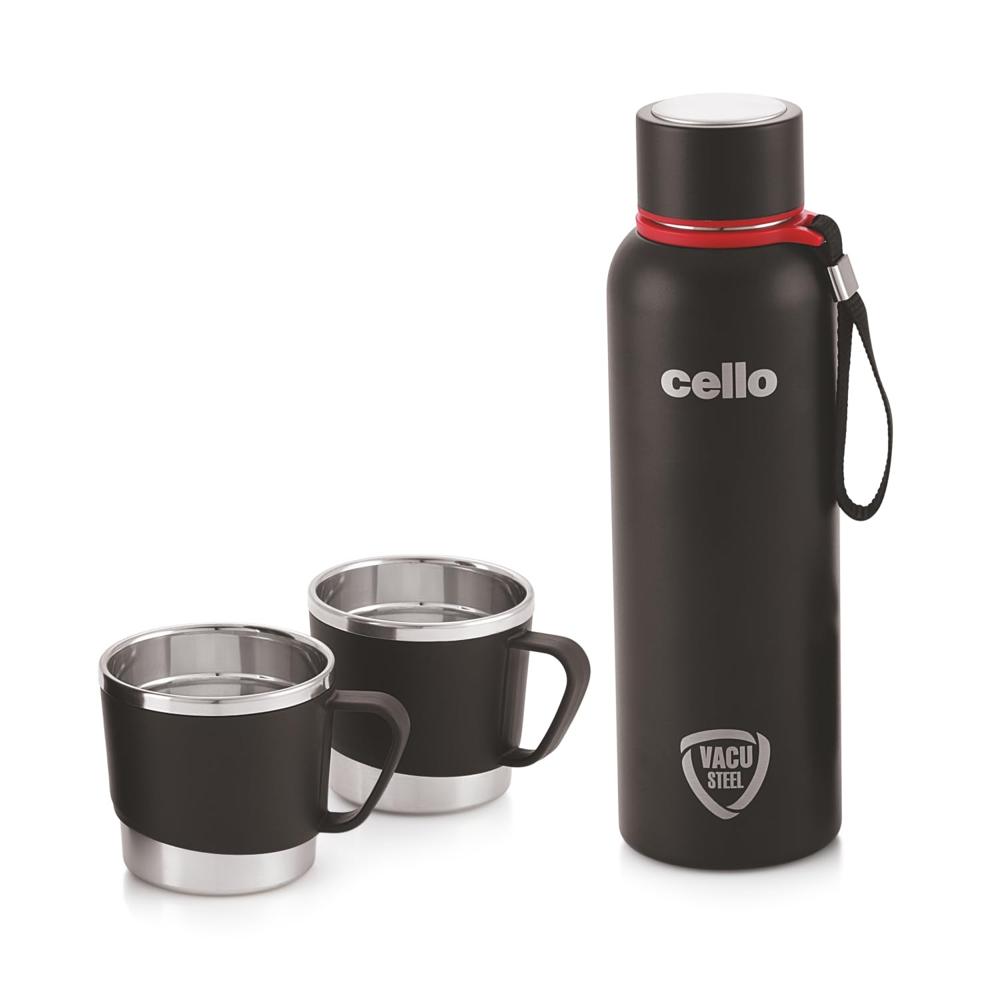 Cello Kent Vacusteel Flask with Mugs Gift Set | Leak-Proof Design & Rust-Resistant Flask | Ideal for Coffee, Tea, Hot Chocolate, or Iced Beverages | 3 Unit, Black