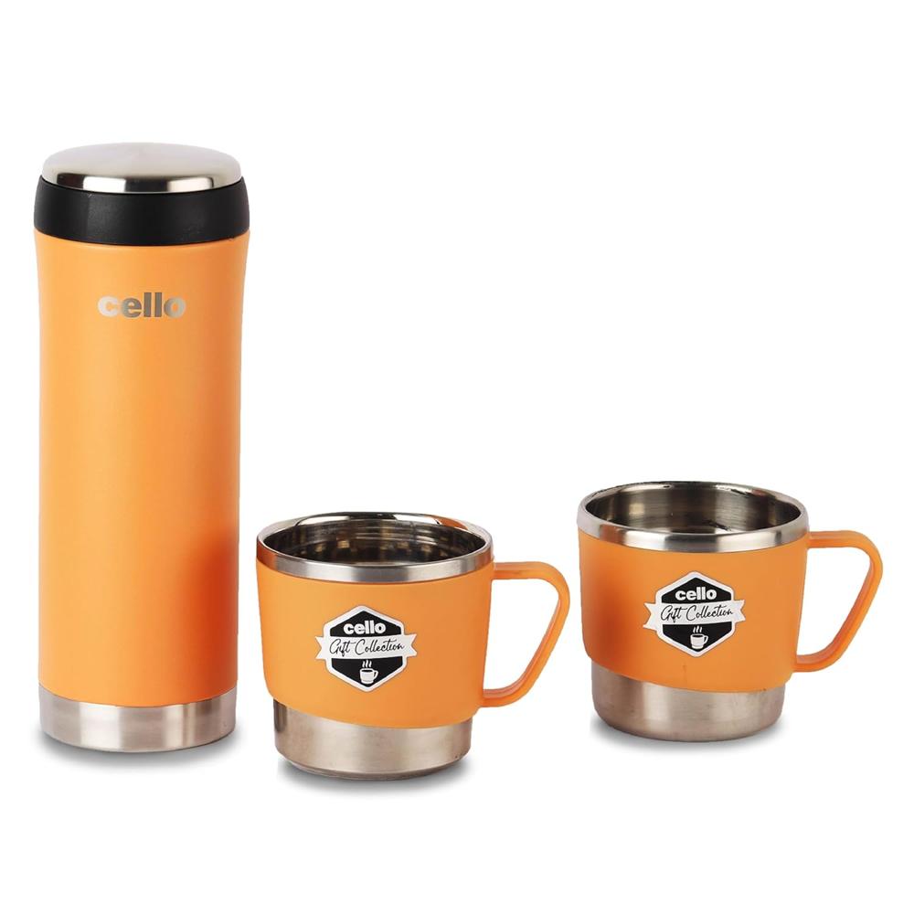 Cello My Cup Vacusteel Flask with Mugs Gift Set | Leak-Proof Design & Rust-Resistant Flask | Ideal for Coffee, Tea, Hot Chocolate, or Iced Beverages | 3 Unit, Orange