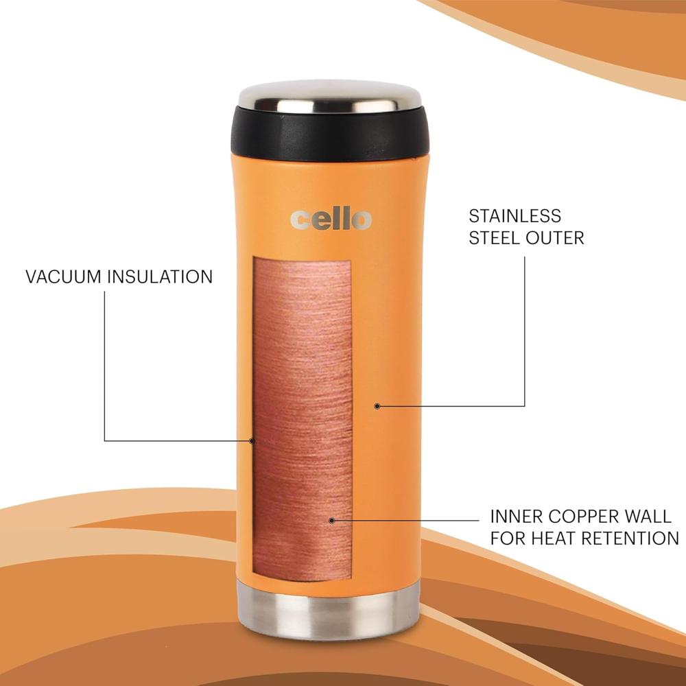 Cello My Cup Vacusteel Flask with Mugs Gift Set | Leak-Proof Design & Rust-Resistant Flask | Ideal for Coffee, Tea, Hot Chocolate, or Iced Beverages | 3 Unit, Orange