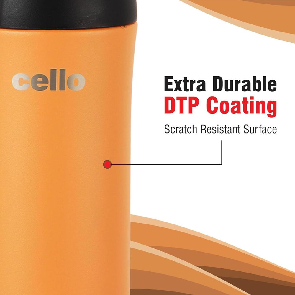 Cello My Cup Vacusteel Flask with Mugs Gift Set | Leak-Proof Design & Rust-Resistant Flask | Ideal for Coffee, Tea, Hot Chocolate, or Iced Beverages | 3 Unit, Orange