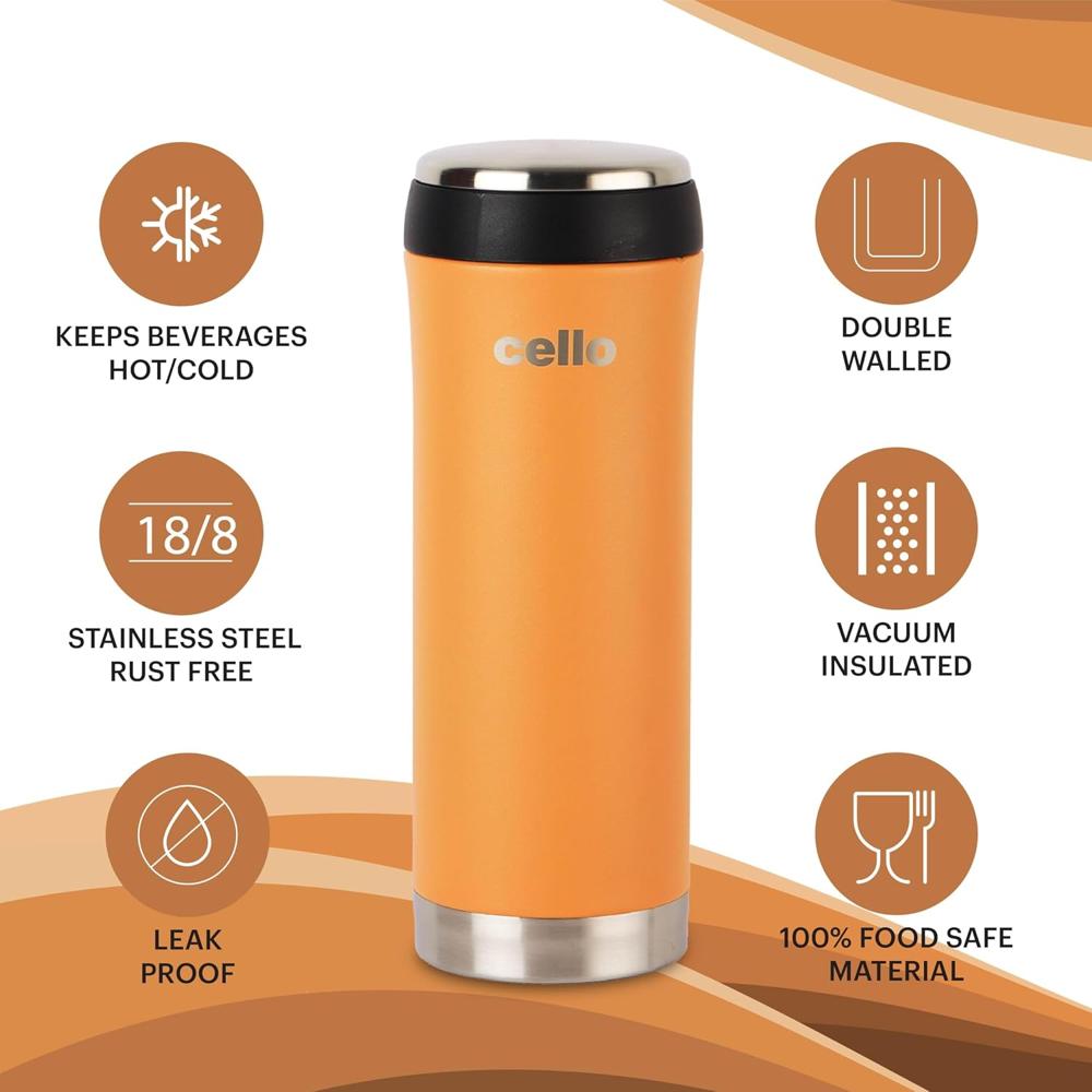 Cello My Cup Vacusteel Flask with Mugs Gift Set | Leak-Proof Design & Rust-Resistant Flask | Ideal for Coffee, Tea, Hot Chocolate, or Iced Beverages | 3 Unit, Orange