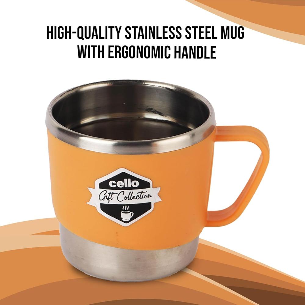 Cello My Cup Vacusteel Flask with Mugs Gift Set | Leak-Proof Design & Rust-Resistant Flask | Ideal for Coffee, Tea, Hot Chocolate, or Iced Beverages | 3 Unit, Orange
