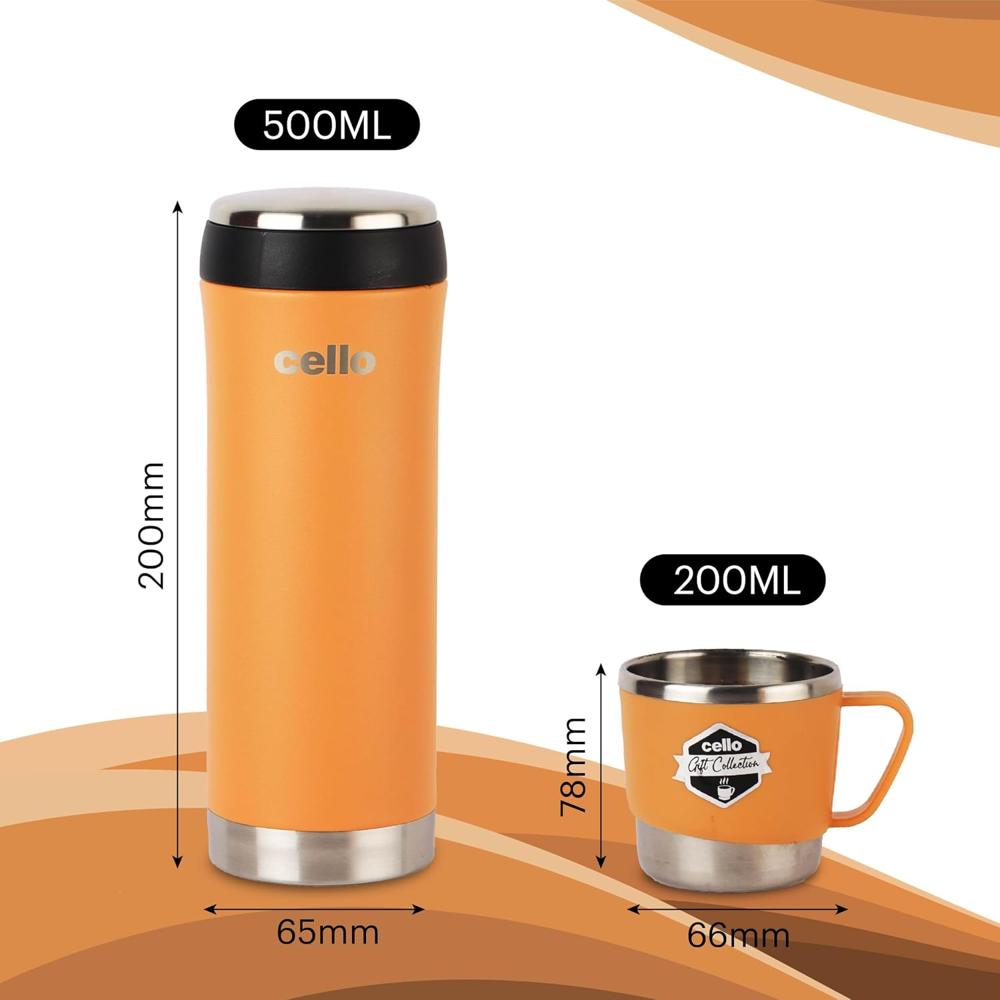 Cello My Cup Vacusteel Flask with Mugs Gift Set | Leak-Proof Design & Rust-Resistant Flask | Ideal for Coffee, Tea, Hot Chocolate, or Iced Beverages | 3 Unit, Orange