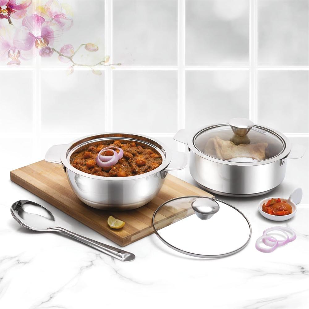 CELLO Daawat Casserole Gift Set| Stainless Steel Double Walled Casserole | Casserole with Glass Lid | Servewear for Kitchen |1000mlx2 + Serving Spoon | Silver