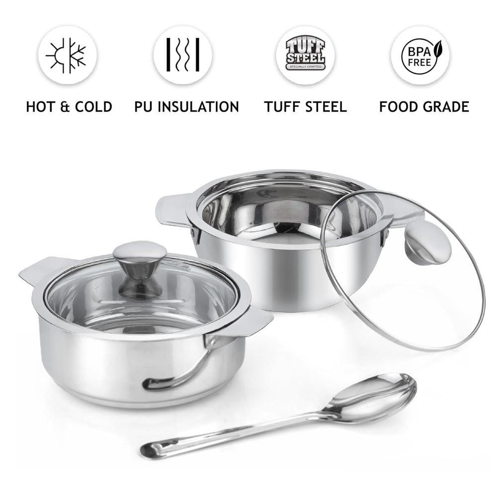 CELLO Daawat Casserole Gift Set| Stainless Steel Double Walled Casserole | Casserole with Glass Lid | Servewear for Kitchen |1000mlx2 + Serving Spoon | Silver