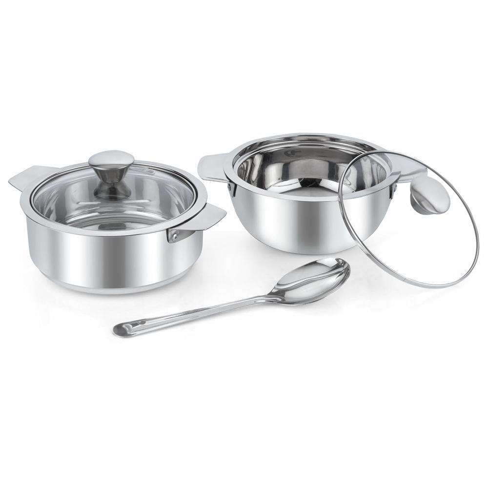CELLO Daawat Casserole Gift Set| Stainless Steel Double Walled Casserole | Casserole with Glass Lid | Servewear for Kitchen |1000mlx2 + Serving Spoon | Silver