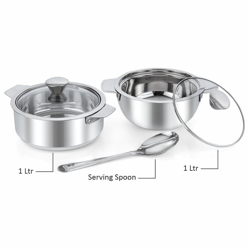 CELLO Daawat Casserole Gift Set| Stainless Steel Double Walled Casserole | Casserole with Glass Lid | Servewear for Kitchen |1000mlx2 + Serving Spoon | Silver