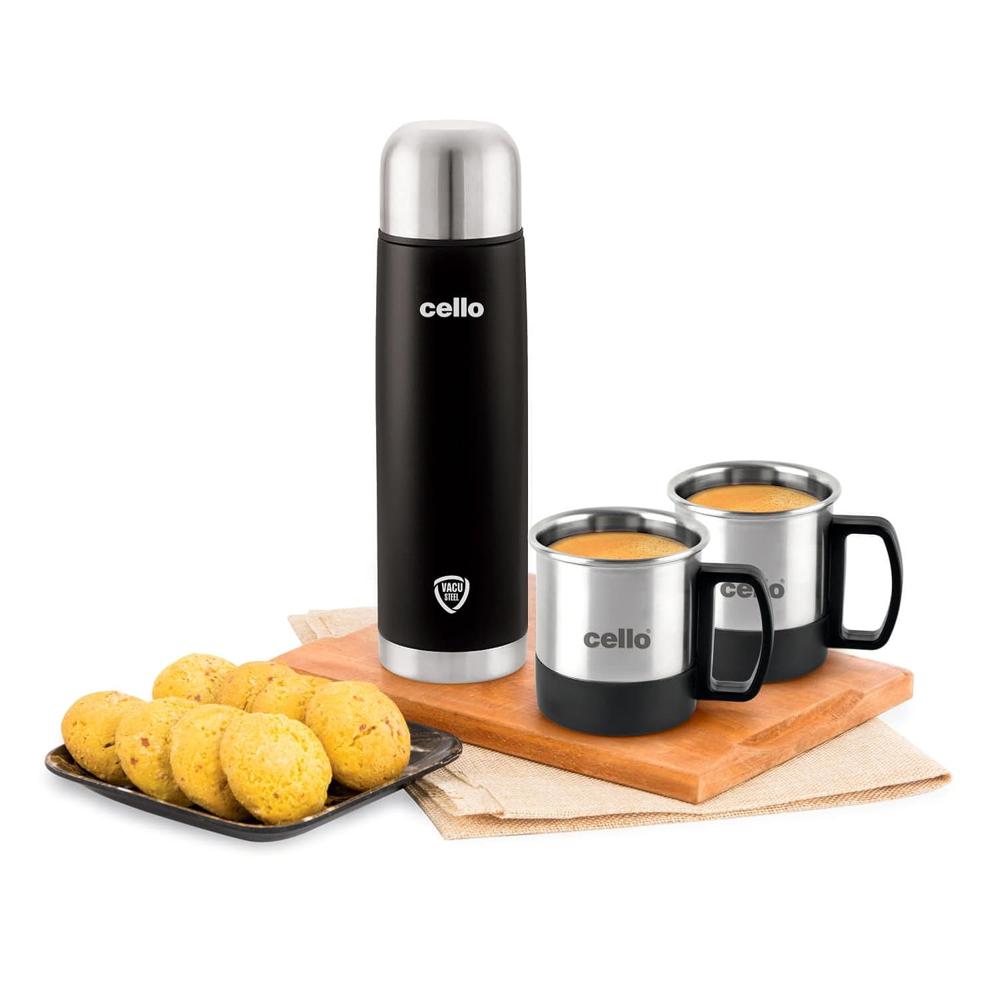 Cello Duro Classic Vacusteel Flask with Mugs Gift Set | Leak-Proof Design with DTP Coating | Ideal for Coffee, Tea, Hot Chocolate, or Iced Beverages | 3 Unit, Black