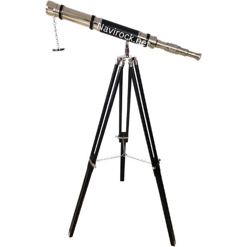 Antique Style Brass Telescope with Black Leather Wrap & Engraved Quote Wooden Tripod Wooden Floor Standing Home Decor