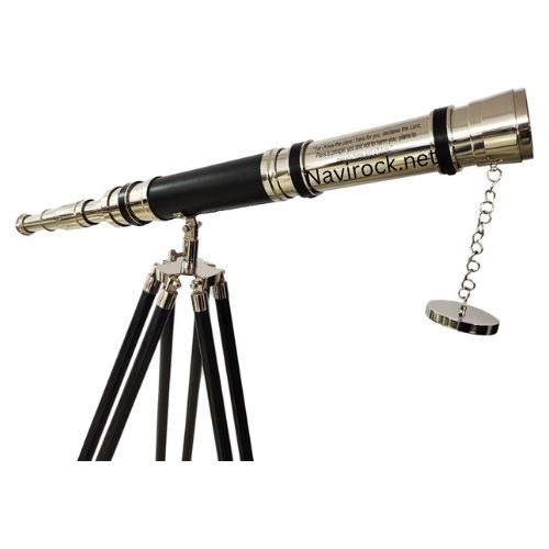 Antique Style Brass Telescope with Black Leather Wrap & Engraved Quote Wooden Tripod Wooden Floor Standing Home Decor