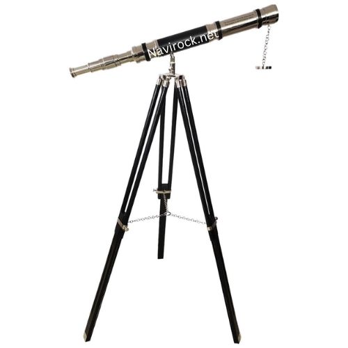 Antique Style Brass Telescope with Black Leather Wrap & Engraved Quote Wooden Tripod Wooden Floor Standing Home Decor