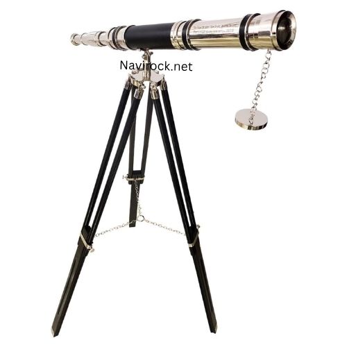 Antique Style Brass Telescope with Black Leather Wrap & Engraved Quote Wooden Tripod Wooden Floor Standing Home Decor