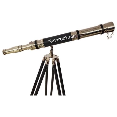 Antique Style Brass Telescope with Black Leather Wrap & Engraved Quote Wooden Tripod Wooden Floor Standing Home Decor