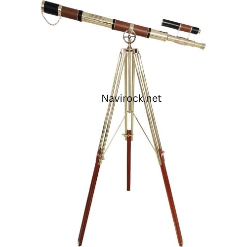 Nautical Shiny Brass Dual Barrel Marine Telescope with Brown/Black Leather Cover & Inspirational Quote Floor Standing Tripod Wooden/Brass Marine Handmade Collectibles