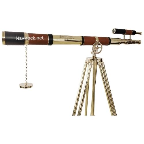 Nautical Shiny Brass Dual Barrel Marine Telescope with Brown/Black Leather Cover & Inspirational Quote Floor Standing Tripod Wooden/Brass Marine Handmade Collectibles