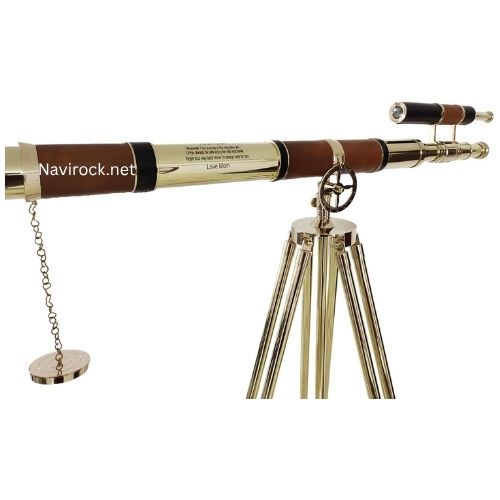 Nautical Shiny Brass Dual Barrel Marine Telescope with Brown/Black Leather Cover & Inspirational Quote Floor Standing Tripod Wooden/Brass Marine Handmade Collectibles