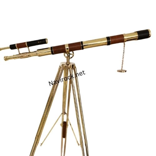 Nautical Shiny Brass Dual Barrel Marine Telescope with Brown/Black Leather Cover & Inspirational Quote Floor Standing Tripod Wooden/Brass Marine Handmade Collectibles
