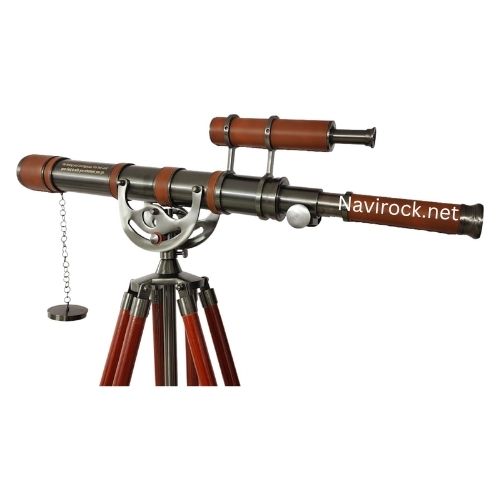 Nautical Floor Standing Telescope Functional Double Barrel with Black Matte Chrome Finish and Adjustable Wooden Tripod Home Decor