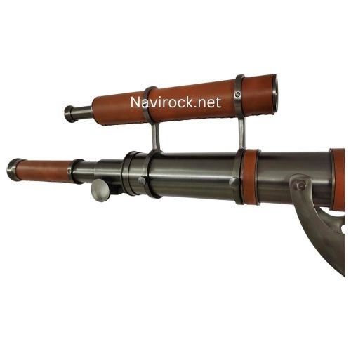 Nautical Floor Standing Telescope Functional Double Barrel with Black Matte Chrome Finish and Adjustable Wooden Tripod Home Decor