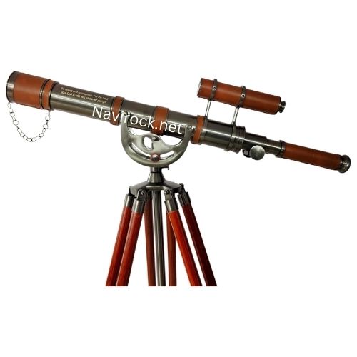 Nautical Floor Standing Telescope Functional Double Barrel with Black Matte Chrome Finish and Adjustable Wooden Tripod Home Decor