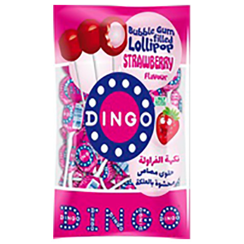 Dingo Strawberry Flavour Hard Boiled Candy Lollipop With Chewing Gum Filling