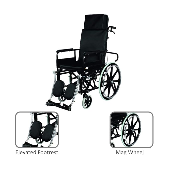 Vissco Imperio Reclining Self-Assist Wheelchair with Elevated Footrest, Foldable & Lightweight, Adjustable Backrest, 110kg Weight Capacity, for Elderly and Patients, Indoor & Outdoor Use (Black)
