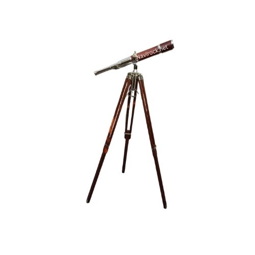 Handcrafted Vintage Telescope in Brown & Nickel High Magnification Spyglass with Wooden Tripod Stand Antique Collectibles