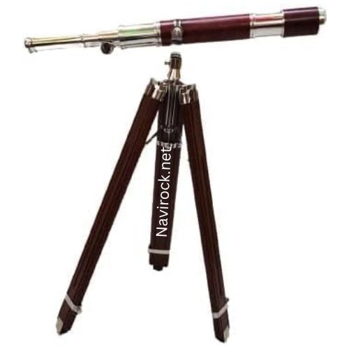 Handcrafted Vintage Telescope in Brown & Nickel High Magnification Spyglass with Wooden Tripod Stand Antique Collectibles