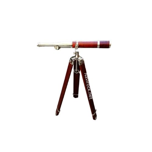Handcrafted Vintage Telescope in Brown & Nickel High Magnification Spyglass with Wooden Tripod Stand Antique Collectibles