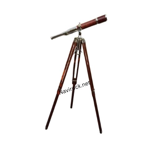Handcrafted Vintage Telescope in Brown & Nickel High Magnification Spyglass with Wooden Tripod Stand Antique Collectibles