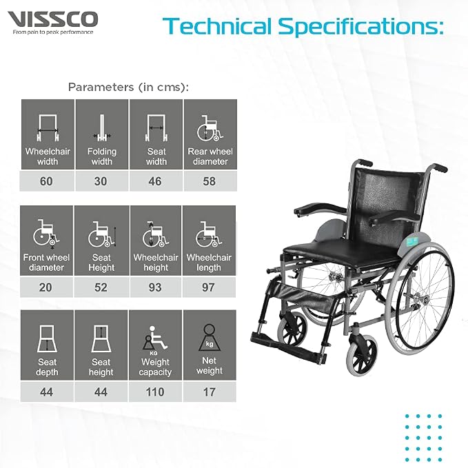 Vissco Imperio Wheelchair with Fixed Big Wheels (Spoke), Fixed Armrest, Foldable, Weight Bearing Capacity 110kg- Color (Blue/Grey)