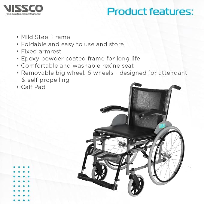 Vissco Imperio Wheelchair with Fixed Big Wheels (Spoke), Fixed Armrest, Foldable, Weight Bearing Capacity 110kg- Color (Blue/Grey)