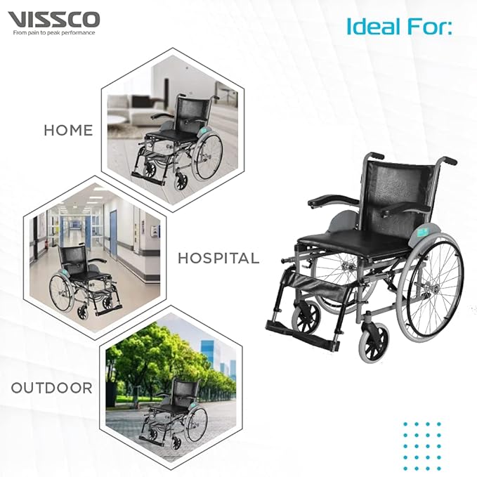 Vissco Imperio Wheelchair with Fixed Big Wheels (Spoke), Fixed Armrest, Foldable, Weight Bearing Capacity 110kg- Color (Blue/Grey)