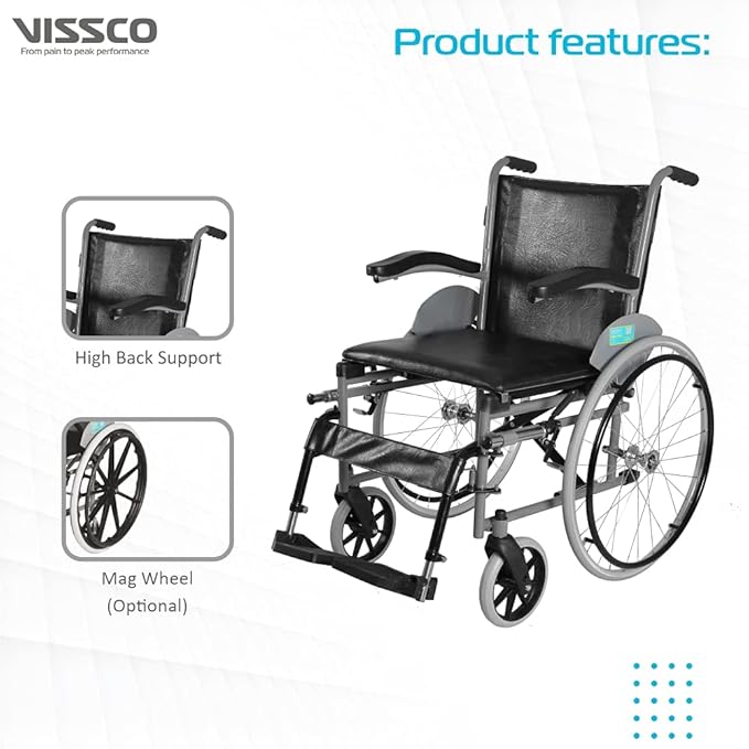 Vissco Imperio Wheelchair with Fixed Big Wheels (Spoke), Fixed Armrest, Foldable, Weight Bearing Capacity 110kg- Color (Blue/Grey)