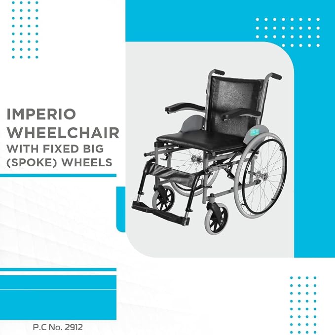 Vissco Imperio Wheelchair with Fixed Big Wheels (Spoke), Fixed Armrest, Foldable, Weight Bearing Capacity 110kg- Color (Blue/Grey)