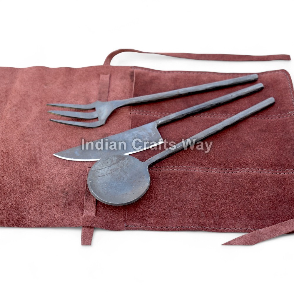 Hand Forged Medieval Iron Cutlery set With suede Pouch.