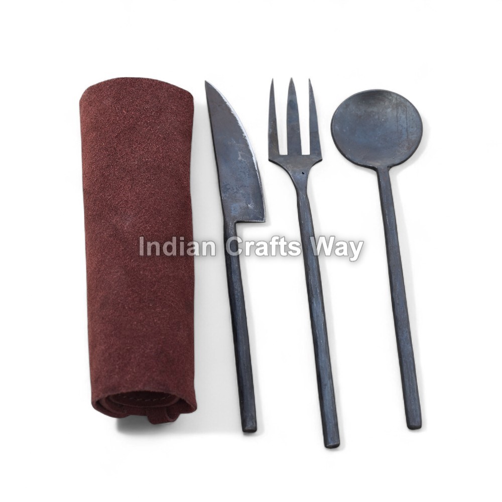 Hand Forged Medieval Iron Cutlery set With suede Pouch.
