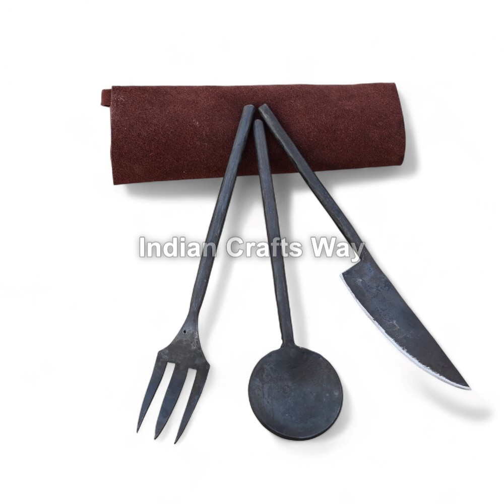 Hand Forged Medieval Iron Cutlery set With suede Pouch.