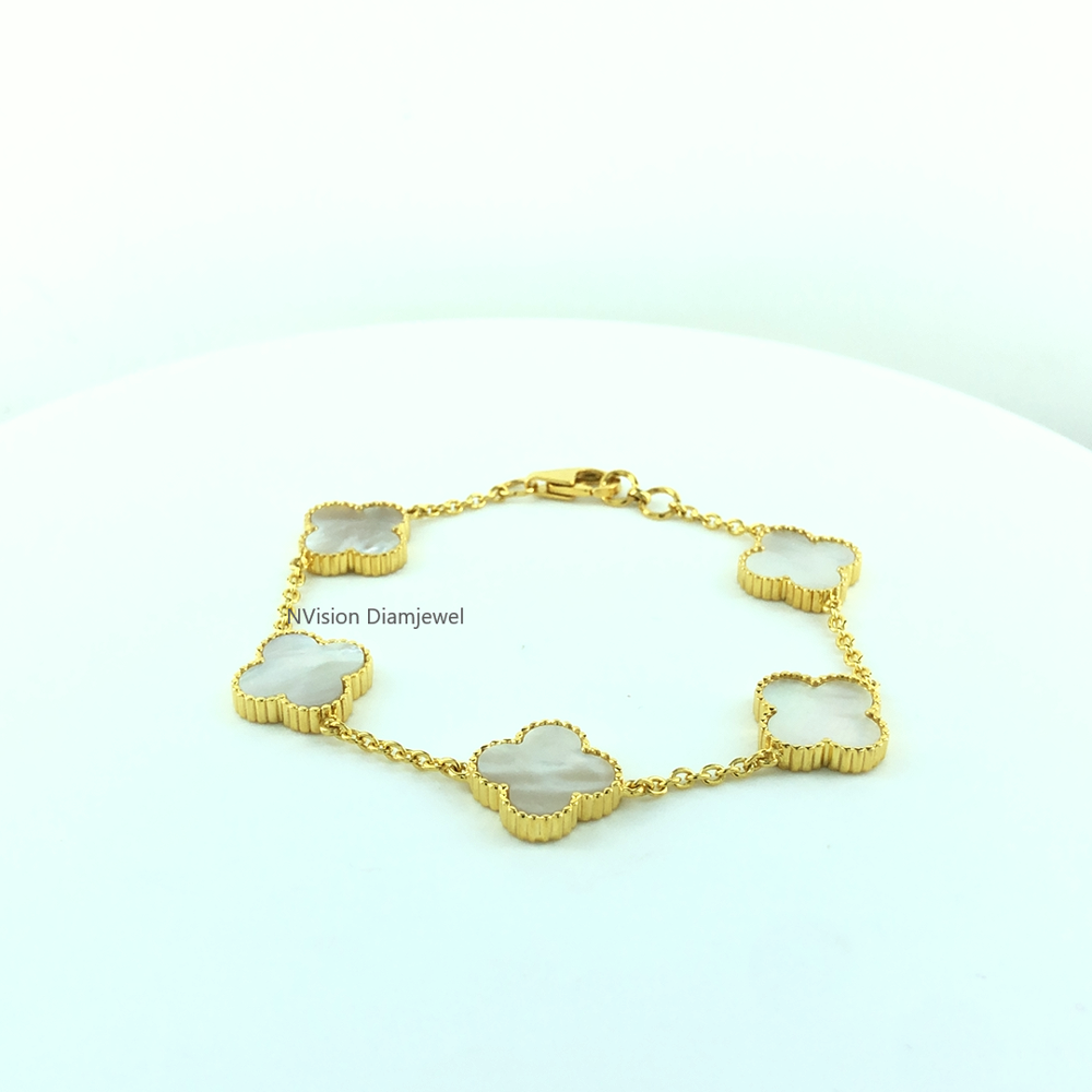 14KT Gold Mother of Pearl Clover Charm Bracelet