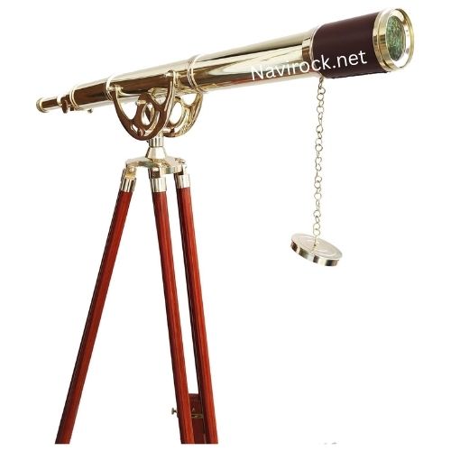 Antique Style Brass Telescope Marine Single Barrel with Adjustable Brown Leather Sky Watcher Adjustable Wooden Stand Nautical