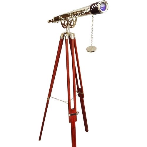 Antique Style Brass Telescope Marine Single Barrel with Adjustable Brown Leather Sky Watcher Adjustable Wooden Stand Nautical