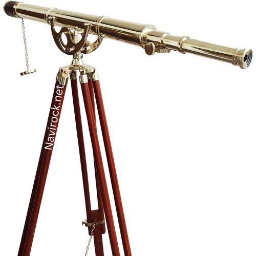 Antique Style Brass Telescope Marine Single Barrel with Adjustable Brown Leather Sky Watcher Adjustable Wooden Stand Nautical