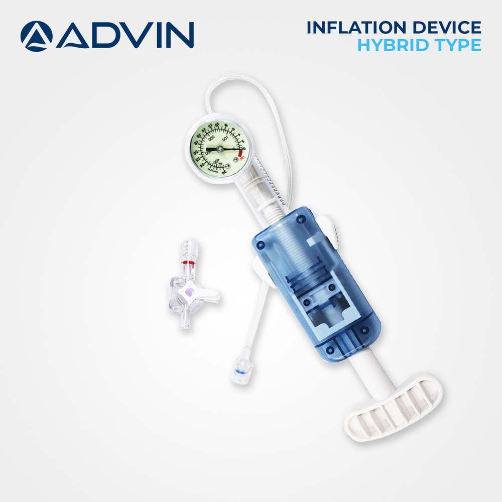 Variable Pressure Balloon Inflator - Medical Grade Plastic, Compact 18x5x4cm, Blue/transparent/black, Analog Pressure Dial, Adjustable Pressure Control, Ergonomic Handle, Luer Lock Adapter, Silent Manual Operation