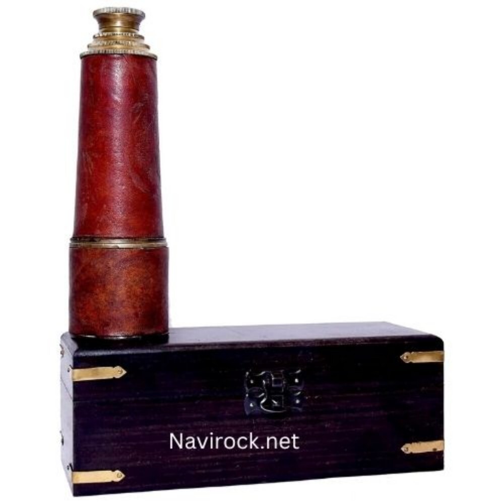 Antique Brass Maritime Telescope by Kelvin & Hughes Functional Pirate Scope with Wooden Handmade Pirate with Imprinted Wooden Box
