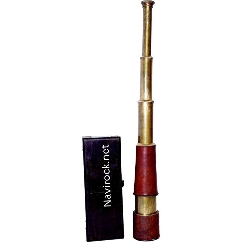 Antique Brass Maritime Telescope by Kelvin & Hughes Functional Pirate Scope with Wooden Handmade Pirate with Imprinted Wooden Box