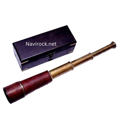 Antique Brass Maritime Telescope by Kelvin & Hughes Functional Pirate Scope with Wooden Handmade Pirate with Imprinted Wooden Box
