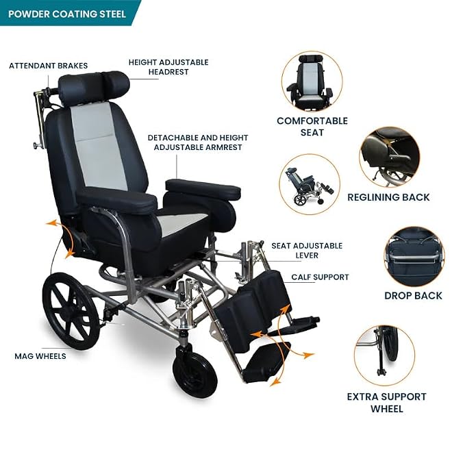 ARREX JANA Powder-Coated Steel Reclining Wheelchair - Premium Cushion Seat, Attendant/Hand Brake, Mag Wheels, Detachable Armrest & Footrest, Adjustable Height Armrest